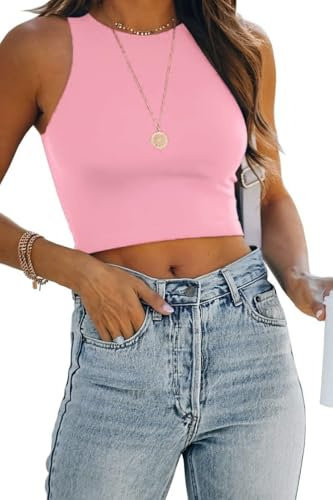 Rayson Daman Basic crop tanktoppar ärmlös rund hals racerback crop sporttopp, ROSA, M