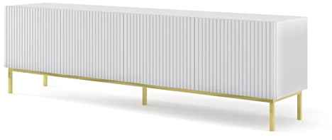 BIM Furniture TV-Schrank Ravenna B 200 cm 4D mit gefräster Front Hochwertiges MDF Lowboard Schrank TV Tisch Sideboard Kommode Hi-Fi Tisch Fernsehtisch Skandinavische (Weiß Matt)