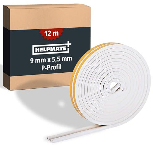 HELPMATE – Dichtungsband P‑Profil 9x5,5 mm – 12 m – Spaltmaß 2,5-5 mm | Weiße & selbstklebende Fensterdichtung und Türdichtung – Profildichtung zur Isolierung kleiner Spalten