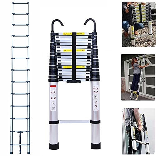 6,2m Teleskopleiter Aluminium mit 2 Haken, Robust Ausziehleiter Anlegeleiter Loftleiter Mehrzweckleiter 150 kg Tragkraft, EN131