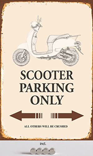 AGDeko® Blechschild 20x30cm Motorroller Scooter parking only Parkplatz Schild Garage Stellplatz mit Magnete