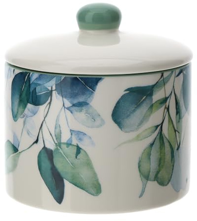 HERVIT Pot à biscuits en porcelaine avec décorations florales botaniques vertes Ø15x16 cm