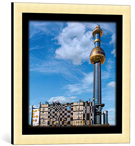 kunst für alle Bild mit Bilder-Rahmen: Friedensreich Hundertwasser fernwärmewerk spittelau - dekorativer Kunstdruck, hochwertig gerahmt, 48x48 cm, Gold gebürstet