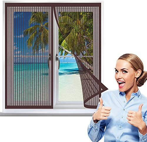 Fliegengitter Fenster Magnet 65 x 90 cm, Insektenschutz Feines undurchdringliches Gitter, Ohne Bohren für Alle Fenster, Braun