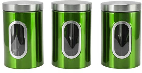 Topyond Juego De Botes De Cocina De 3 Piezas con Tapa para Alimentos Secos Bote De Acero Inoxidable Y Vidrio con Ventana para Harina, Grandes Contenedores De Almacenamiento De Cocina Portá(Verde)