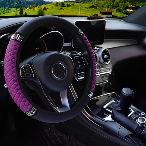 BBTISG Auto Lenkradbezug mit glitzernden Diamanten, Universal Glitzer Auto Lenkradbezug für Damen mit Schulterpolstern für 37-38 cm Autolenkrad (lila)