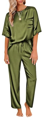 Ekouaer Pyjama Femme Ete Vetement en Satin Pantalon Femme Légère Ensemble Pyjama Manche Courte, S-XXL