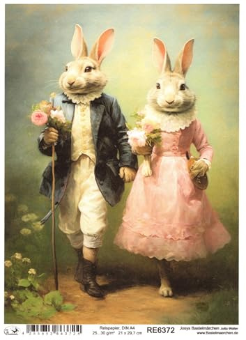 Josys Bastelmärchen Reispapier A4 Strohseide Decoupage Ostern Hasenpaar in Vintage Anzug RE6372