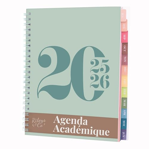 Rileys & Co Wochenplaner 2025, Hausaufgabenheft, Schulplaner | Kalender 2025 2026 Juli 2025–Juni 2026 Terminplaner, Notizen, Doppeldraht, 20 x 15 cm Planner, (Grün, Typografisch, auf Französisch)