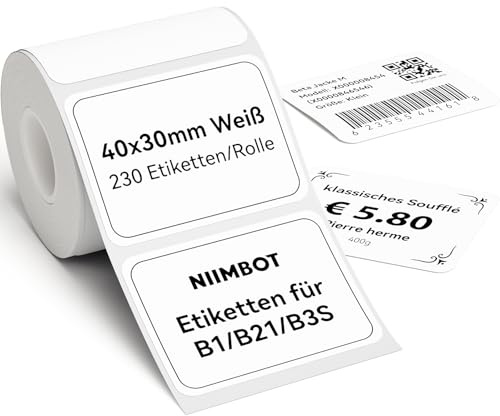 NIIMBOT Etiketten für B1 B21 B3S Etikettendrucker, 40 x 30mm 230 Etiketten/Rolle, 1 Rolle Selbstklebender Etikettenband Thermo-Etikettenband für Supermärkte, Einzelhandel, Büro, Weiß