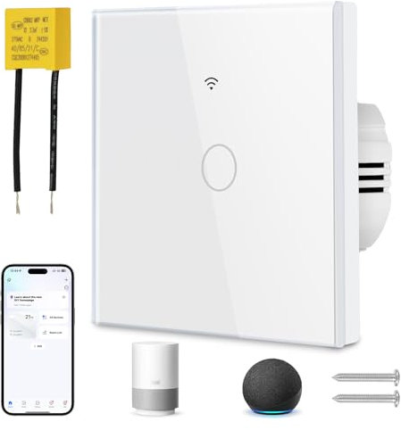 Ainiv Smart Light Switch 1 Gang, WiFi Smart Touch Wall Switch with Capacitor, Multi-Control by Voice/APP Sharing WiFi Switch, Smart Switch Compatible with Tuya SmartLife App Alexa Google Home, White