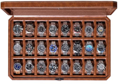 ROTHWELL 24 Slot Watch Case with Lock – Luxury Watch Box to Display and Organize Your Collection | Real Glass Top | Premium Storage for Collectors (Tan/Brown)