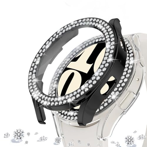DEALELE [2-pack] klockfodral kompatibelt med Samsung Galaxy Watch 6 40 mm, glitter dubbelrad strass diamant skyddande fodral klockskydd ersättning fodral, 40 mm, svart + transparent