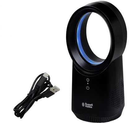 Russell Hobbs, Ventilateur de bureau compact sans fil, rechargeable par USB, 3 vitesses, design sans pale, éclairage d'ambiance en noir, RHBLDLUSB25B