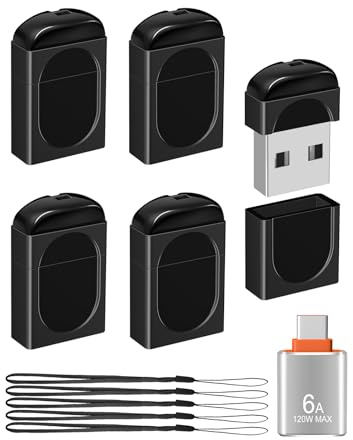 EASTBULL 16GB Small Flash Drives 5 Pack USB2.0 Mini USB Drive with a USB-C Adapter, FAT32 Mini Thumb Drive 16 GB 5 Pack for Data Storage (Black, 1 Adapter, Lanyards)