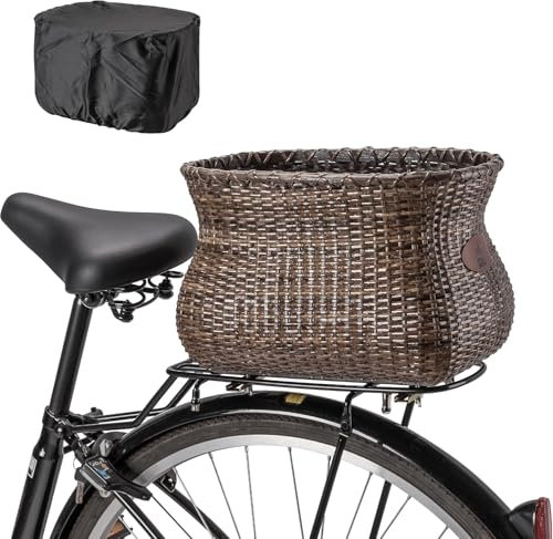 KONG MING CAR Fahrradkorb – Handgefertigter Rattan Fahrradkorb Hinten, großer & Abnehmbarer Gepäckträger Korb mit wasserdichter Abdeckung, Retro-Design für Damen, E-Bikes & Adult Bikes