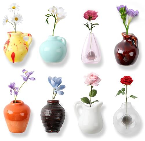 Mini Vase Magnets for Fridge, Mini Ceramic Vase Magnets for Refrigerator, Plant Vases Refrigerator Magnets Cute, Tiny Magnetic Vases Decorative, Small Fridge Accessories Kitchen (8PCS)
