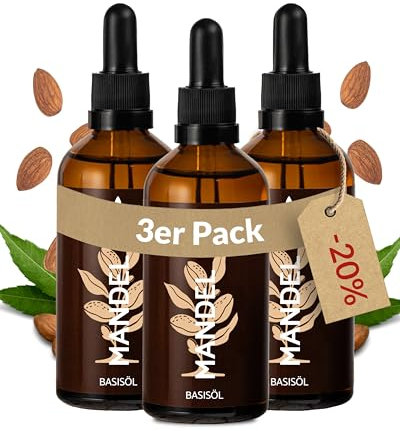Heldengrün® Mandelöl Bio [100% NATURREIN] - Dermatologisch getestet - Mandelöl Baby - Sanfte Pflege für trockene & empfindliche Haut - Mandel Öl kaltgepresst - 3 x 100 ml