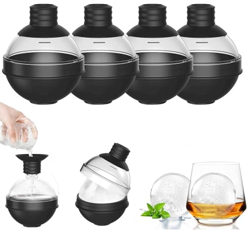 Große Kugel-Eiswürfelform mit Trichter Deckel, 4 Stück XXL 6cm Eiswürfelform Kugel Rund, Silikon Eiswürfelbehälter, Runde Eiskugelform Wiederverwendbar für Whiskey, Cocktails, Wein, Bier