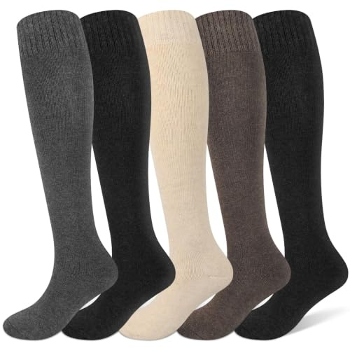 Tialfas 5 Paires Chaussettes Hautes Femme, Chaud Chaussette Haute Montantes Grande Longues Hiver Genou Sockes Femmes Confortables pour Outdoor Quotidien
