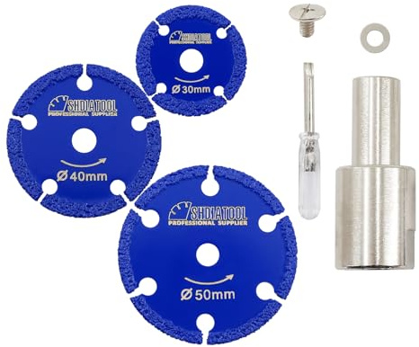 SHDIATOOL Disco diamantado 30/40/50MM, brida M14, grosor 1MM, con destornillador apto para metal, hierro, mármol, granito, mampostería, pack de 3