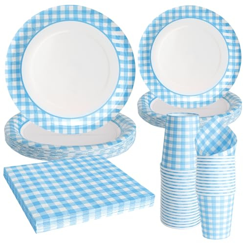 PARTY GO 96 pezzi di stoviglie di carta con motivo a scacchiera blu, comprendenti piatti, bicchieri e tovaglioli, adatte per 24 persone