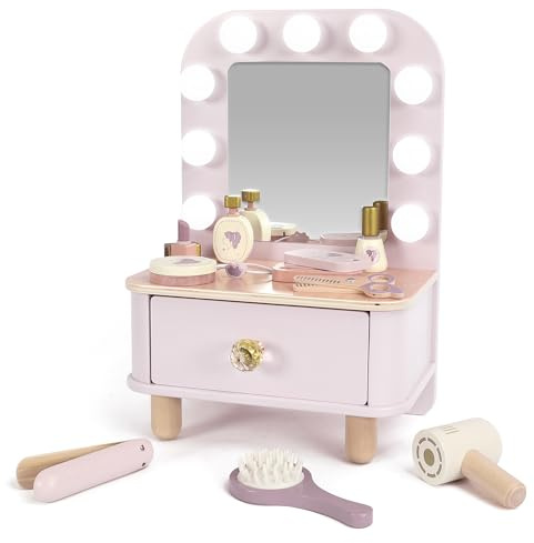 Freniland Wooden Toddler Vanity with Mirror and Light ,Kids Make Up Toy Set,11 Pcs Dressing Table Toy Includes Beauty Salon Set and Makeup Accessories,Pink Vanity for Girls Ages 3+
