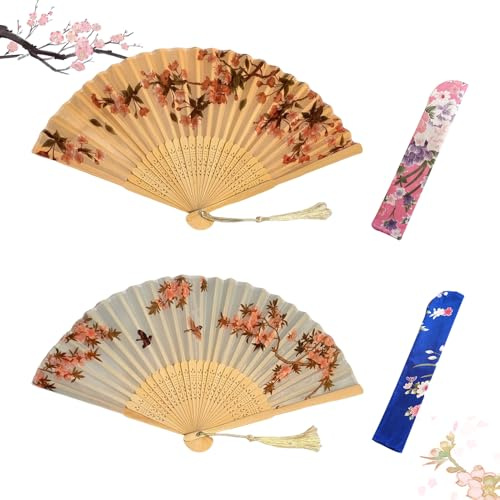 MSLSOZ 2 x Fächer aus Stoff, chinesischer Fächer mit Quasten, traditioneller Fächer mit Blumen- und Vogelmustern, verwendet für Wanddekoration, Hochzeiten, Tänze, Partys, Geschenke, mit exquisiten