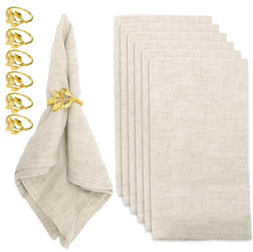 Stoffservietten, Weihnachten Leinenservietten, 12er Pack Set (6 Stück Baumwoll Servietten + 6 Stück Serviettenringe) für den täglichen Gebrauch/Küche/Zuhause/Party/Hochzeiten 40x40cm