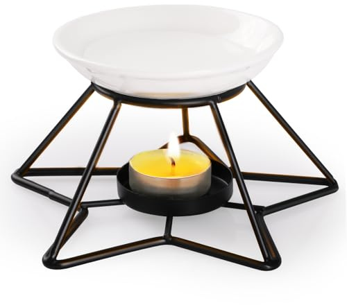 Bighan Duftöllampe Teelicht, Schwarz Duftlampe aus Metall, Aromalampe Teelichthalter mit Keramik Schale, Duftlampe für Ätherische Öle E - Schwarz