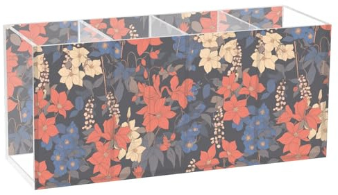 KLL Retro Clematis Flowers Blue Red Acrylic Pencil Case Organizer 4 Compartments Clear Plastic Vanity Organizer for Bedroom Office Supplies