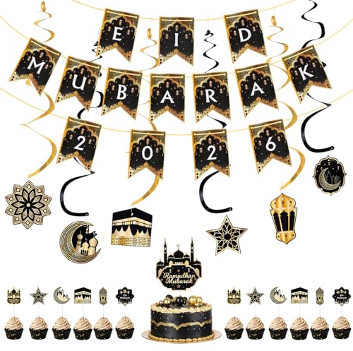 Seutgjie Eid Mubarak Dekoration mit Banner Tortendeko Black Gold Islam Muslim Deko