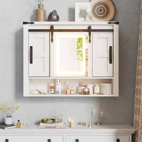 Elancee Bauernhaus Holz Wandaufbewahrung Badezimmerschrank mit Beleuchtung Spiegel, Rustikaler Medizinschrank mit Verstellbarem Regal, Badezimmer, Wohnzimmer, Weiß 80x 62 x 20 cm