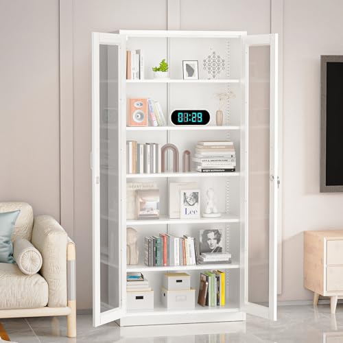 Bonnlo 180cm Metal Glass Display Cabinet with 5 Adjustable Shelves, White | Lockable Cabinet for Collectibles,Pre-Drilled for LED,Metal Storage Cabinet with Glass Doors for Kitchen, Living Room & Study