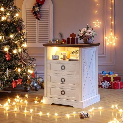 FREDEES LED Bedside Table with Charging Station, White | Farmhouse Nightstand with 3 Drawers and Open Storage, Lighted Motion Sensor, For Bedroom