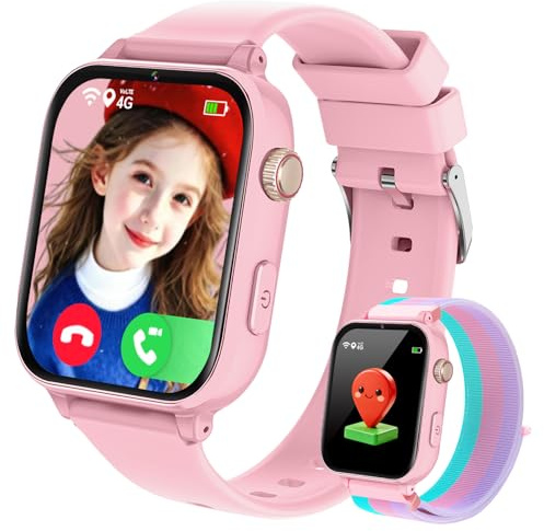 PTHTECHUS Smartwatch Kinder GPS und Telefon, 4G Uhr Kinder Smartwatch | Videoanruf, Voice Chat, Schulmodus WiFi SOS Spiele Wecker, Schrittzähler, Kinderuhr für Mädchen Jungen 4-12 Jahren, Rosa