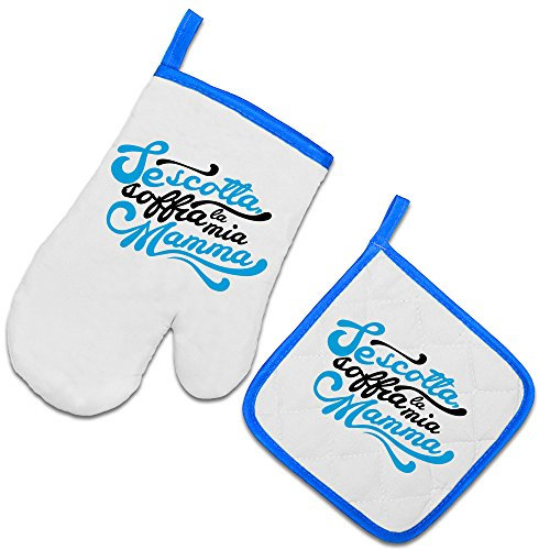 Babloo Set da Cucina Guanto da Forno e Presina Festa della Mamma Se scotta soffia Mamma Grafica Azzurra Guanto + PRESINA