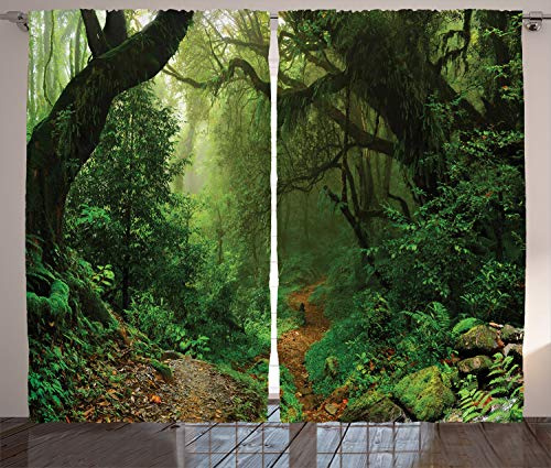 ABAKUHAUS Nepal Rustikaler Vorhang, Wald in Asien Touristic, Wohnzimmer Universalband Gardinen mit Schlaufen und Haken, 280 x 260 cm, Grün Dunkelbraun