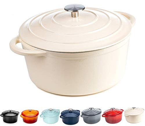 Round Casserole Dish - Cast Iron Ceramic Induction and Gas Safe Dutch Oven Roasting Cooker - with Lid - 10 Year Gurantee (2.7L Casserole, Cream)