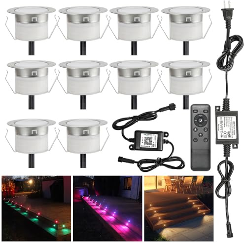 Smart LED Deck Light Kits - 10 Pack of 1.77 Low Voltage Recessed RGBW Deck Lights IP67 Waterproof for Outdoor Landscape Lighting on Steps, Floors & Pathways, Compatible with Alexa & Google Assistant