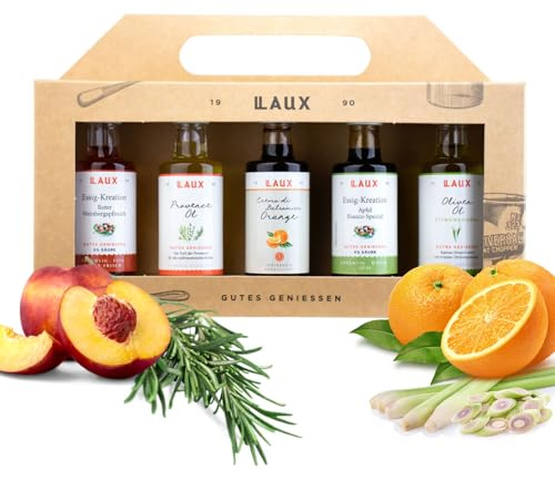 Laux Essig Öl 5er Geschenkbox - Mit Provence-Öl, Olivenöl, Essig & Crema di Balsamico - Für Salate & herzhafte Gerichte - Geschenk-Ideen für Frauen & Männer (5x40ml)
