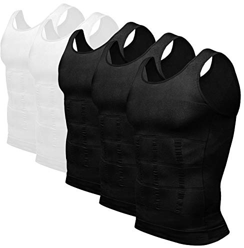 Odoland Mens 5 Pack Body Shaper Slimming Tummy Vest Compression Shirt Tank Top Shapewear, Black*3/White*2, L