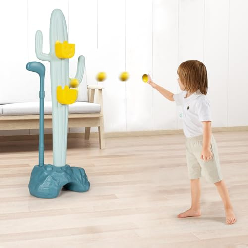 COSTWAY 3 in 1 Sport Center Toy with Golf, Ring Toss and Sandbag Toss, Kids Activity Centre Cactus Toy Stand for 3+ Years Old, Tool-free Assembly