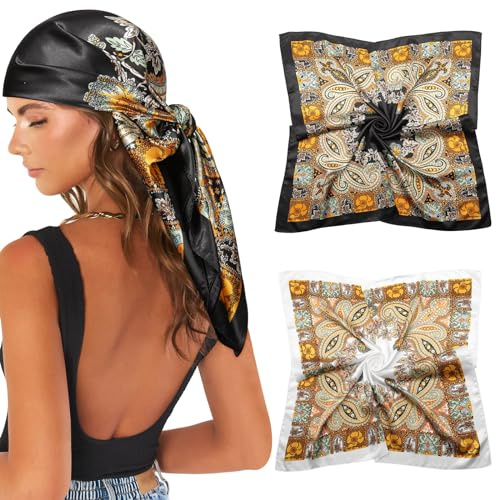 AWAYTR 35” Large Satin Square Head Scarf - 2Pcs Silk Like Floral Head Scarves Square Satin Hair Scarf Bandanas for Women (Cashew(Black/Beige))