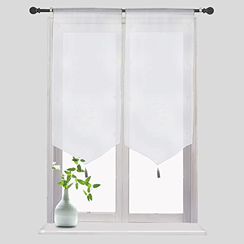 Smithoom 1 Panel Visillos Cortina Clásica con Bordado de Flores Borla Decoración Translúcido Voile para Cocina Ventana Pequeña Blanco 40x60cm