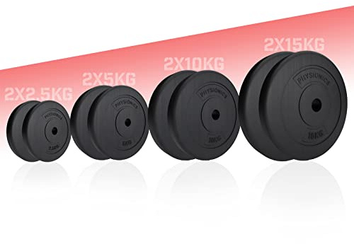 Physionics® 2er Set Hantelscheiben (2,5 kg/5 kg/10 kg/15 kg), Ø 30 mm, Kunststoff, Schwarz, Hantelscheiben für Hanteln, Langhanteln und Kurzhanteln