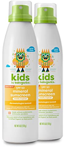 Babyganics SPF 50 Kids Mineral Sunscreen Continuous Spray, Totally Tropical | UVA UVB Protection | Octinoxate & Oxybenzone Free | Water Resistant, 6 Ounce (Pack of 2)
