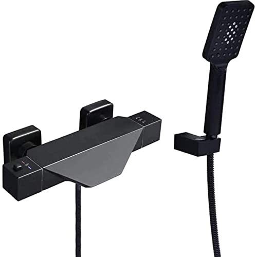 Duscharmatur mit Thermostat Schwarz Badewannenarmatur Wasserfall mit Brause Wasserhahn Bad Wandmontage mit 3 Modi Handbrause A