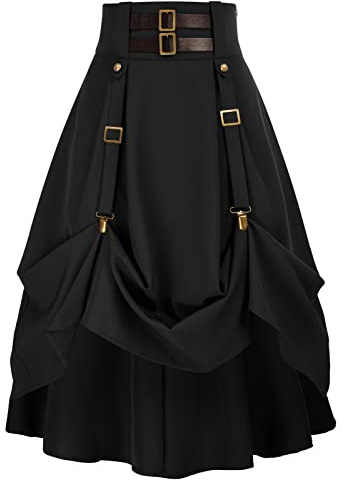 Scarlet Darkness Jupe Renaissance gothique pour femme, longueur genou, avec boucles et sangles, Noir , XL