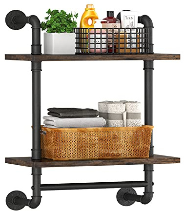 Helsin 2 Tier Industrial Pipe Floating Bathroom Shelves Wall Mounted with Towel Bar, Rustic Wood Wall Shelf, 16 Inch Metal Towel Rack Storage Bookshelf for Bathroom, Kitchen, Farmhouse, Living Room